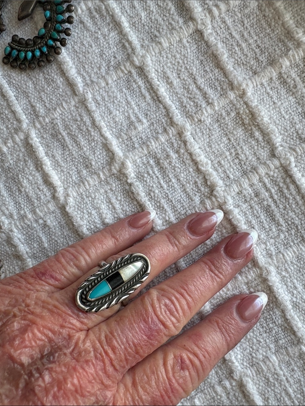 ZUNI signed Sterling Silver Inlay Teardrop Turquoise,Mother of Pearl & Onyx.
